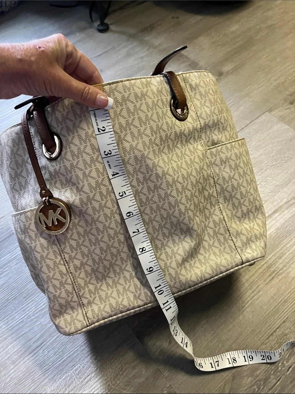 Michael Kors Cream MK Signature Tote with Brown Leather Straps